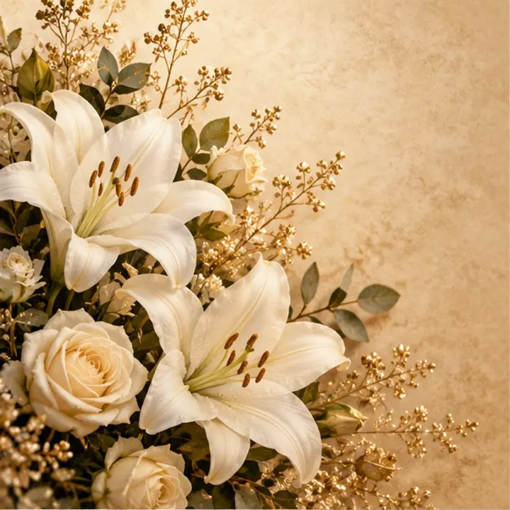 Ivory memorial flowers featured on a sample thank-you card