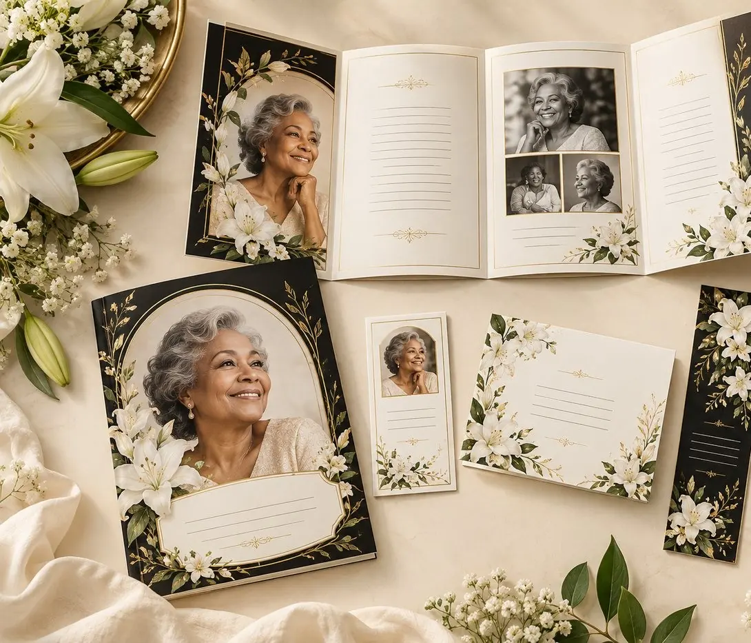 Memorial program, prayer card, bookmark and thank-you card samples in coordinated ivory and gold; memorial fan shown separately in Keepsakes gallery
