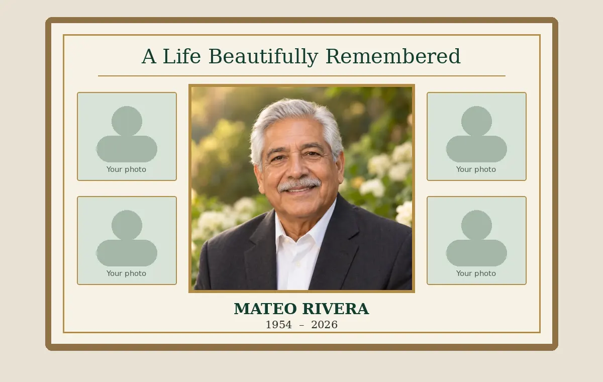 Memorial photo board sample with a central portrait and four family photo positions